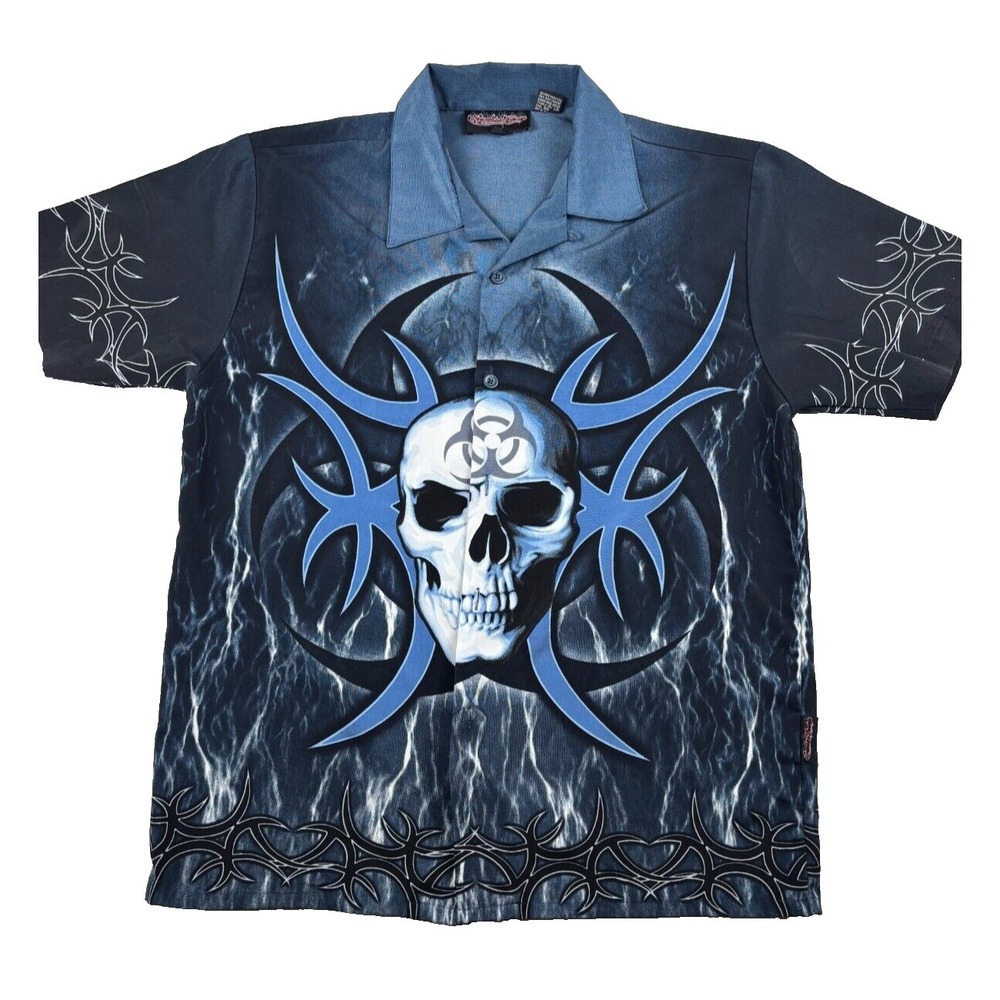 Sapphire Lounge Shirt Men's S Multicolor Biohazard Skull Short Sleeve Button-Up